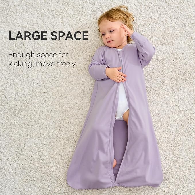 Baby Sleep Sack 12-18 Months, Long Sleeve Baby Wearable Blanket 0.5 Tog with Mittens, 2-Way Zipper Toddler Cotton Sleeping Sack for Boy and Girl Purple Butterfly 2 Pack(Large)