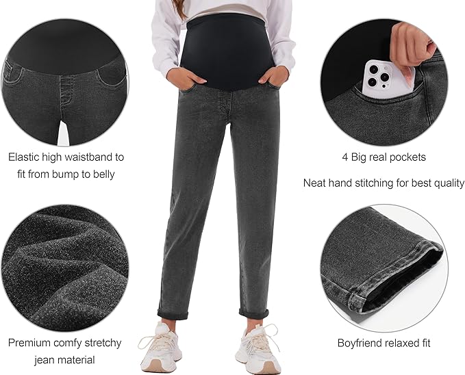 POSHGLAM Women's Maternity Jeans Over Belly Comfy Stretch 28'' Boyfriend Jeans Loose Pregnancy Pants, S-XXL