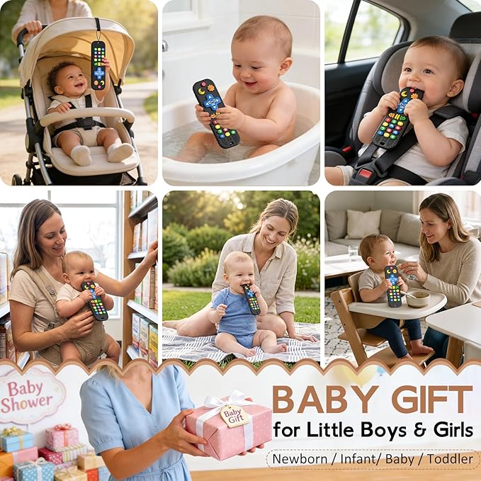 Baby Teething Toys Silicone Baby Remote Teether Over 3 Months - Baby Essentials Sensory Chew Toys - Baby Teether for Teething Relief - BPA Free Infant Toys Baby Shower Gifts (1, Black)