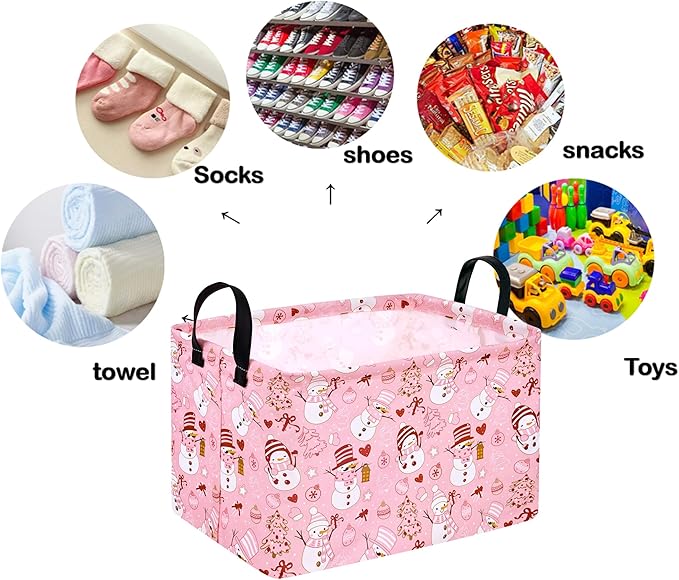 Rectangle Basket, Kids Organizer, Pink Snowman Pattern Toy Storage Cube, Clothes Storage Box With Handles for Room Decor