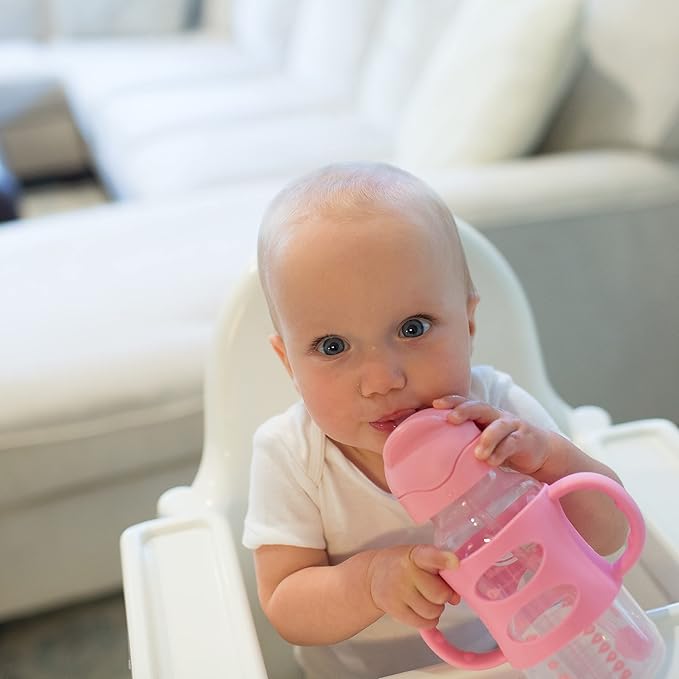 Dr. Brown's Milestones Wide-Neck Sippy Straw Bottle with 100% Silicone Handles and Weighted Straw, 9 oz/270 mL, Gray & Pink, 6m+, 2 Count (Pack of 1)