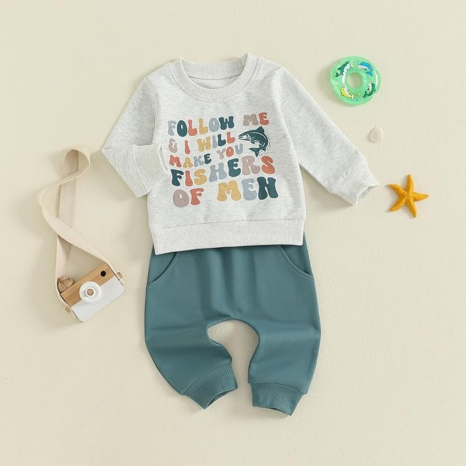 Nyapruwe Toddler Baby Boy Fall Outfit Funny Print Long Sleeve Sweatshirt Joggers Pants Set Kids Warm Winter Clothes