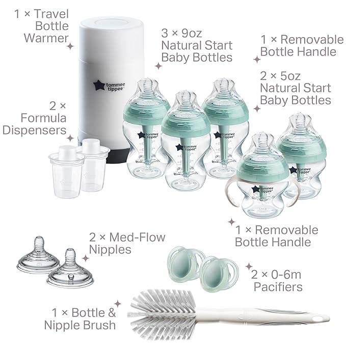 Tommee Tippee Advanced Anti-Colic 14 Piece Baby Bottle, Travel Bottle Warmer & Pacifier Set, 5 BPA Free Bottles, 0+ Months, 2 Newborn Pacifiers, 2 Extra Nipples, Cleaning Brush, Bottle Handles