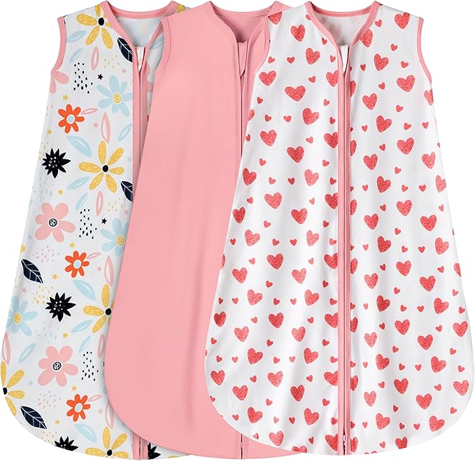3 Pack Baby Sleep Sack 0-6 Months 100% Rayon Cotton Baby Sleeping Bag 2-Way Zipper Toddler Wearable Blankets Comfy Stretchy Lightweight TOG 0.3 （Heart&Pink&Floral）