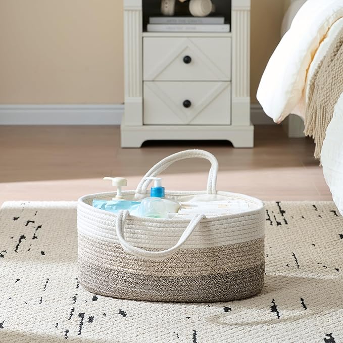 Baby Diaper Caddy Organizer, Large Cotton Rope Nursery Diaper Basket, Changing Table Organizer, Portable Tote Bag with Divider, Car Storage, Baby Shower Gifts for Newborn Girls - Gradient Brown