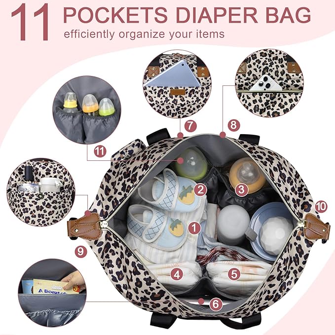 Pritent Diaper Bag Tote - Diaper Baby Bags with Pacifier Case, Shoulder Straps, Stroller Clips, Waterproof Large Mommy Maternity Travel Baby Bag for Mom and Dad, Leopard, Medium