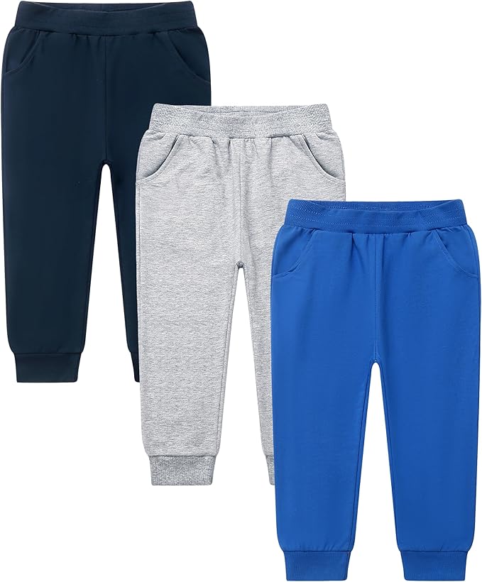 GFQLONG 2/3 Pack Toddler Pants Sweatpants Boys Cotton Joggers, Athletic Pull on Sweat Pants with Pockets for Kids Clothes