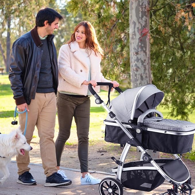 Baby Stroller, 2-in-1 Reversible Toddler Seat with Basket Mode, Foldable Infant Stroller with Canopy, One Button Brake, Adjustable Handle, Newborn Pushchair (Gray)