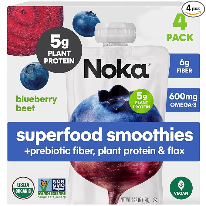Noka Superfood Smoothie Pouches (Blueberry Beet) 4 Pack, with Plant Protein, Prebiotic Fiber & Flax Seed, Organic, Gluten Free, Vegan, Healthy Fruit Squeeze Snack Pack, 4.22oz Each