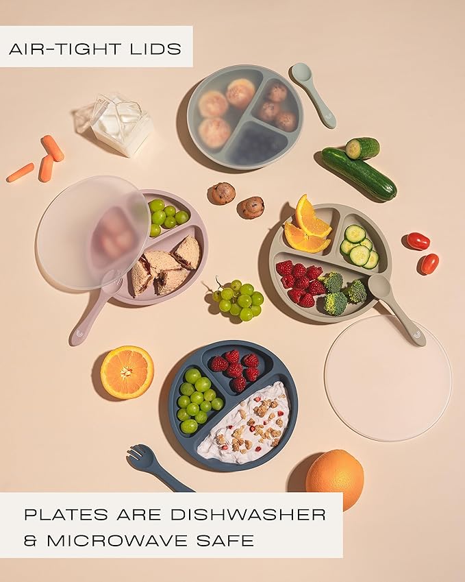 Hippypotamus Toddler Plates with Suction - 100% Food-Grade Silicone Baby Plates with Lids - Microwave & Dishwasher Safe - BPA Free - Set of 3 (Fog/Nude/Sage with LIDS)