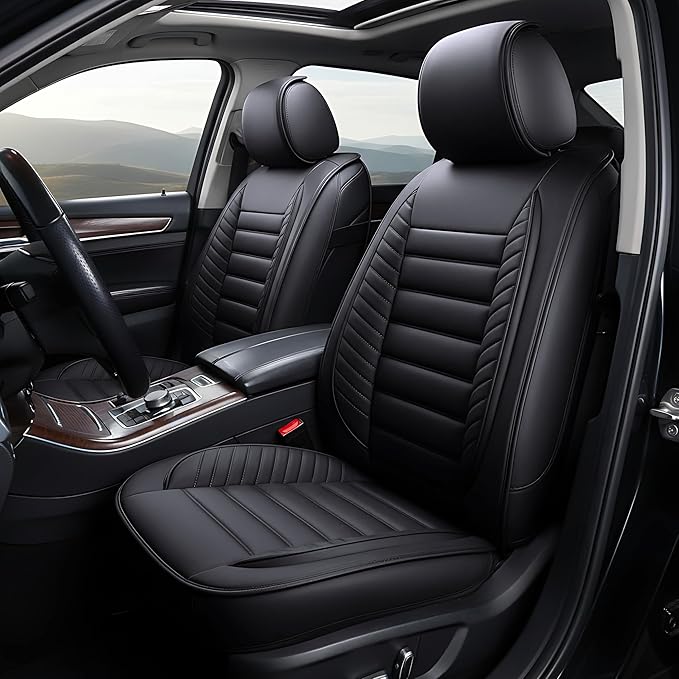 OASIS AUTO Car Seat Covers Premium Waterproof Faux Leather Cushion Universal Accessories Fit SUV Truck Sedan Automotive Vehicle Auto Interior Protector Front Pair (OS-001 Black)