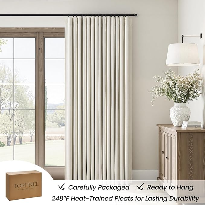 Topfinel Natural Linen Blackout Curtains with Back Tab for Tracks 96 Inch Long, Room Darkening Memory Trained Linen Drapes, Elegant Noise Cancelling Patio Door Curtains, Cream Beige,52" W*96" L