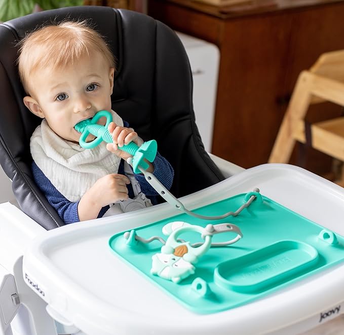 BUSY BABY Silicone Mat Bundle - 1 Original Mat Plus 1 Mini Mat, New Stronger Suction Cups, 6 Straps to Secure Baby Essentials and Keep Them Off The Floor, Baby Led Weaning, Wet Bag Included (Tan)