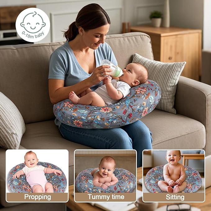 Nursing Pillow, Breastfeeding Pillows with Standard Size Removable Cover, Breast Feeding Pillow with Breathable Filling, Ergonomic Nursing Essentials for Bottle and Breastfeeding- Peony