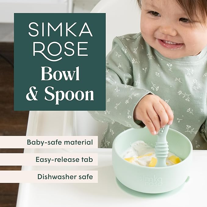 Simka Rose Baby Bowl and Spoon Set, Suction Bowls for Toddler, BPA-Free Silicone, Dishwasher and Microwave Safe (Peach)