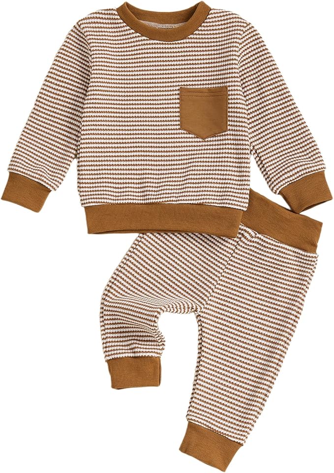 Toddler Baby Boy Fall Clothes Waffle Outfit Long Sleeve Color Blocking Sweatshirt Pullover Jogger Pant Set