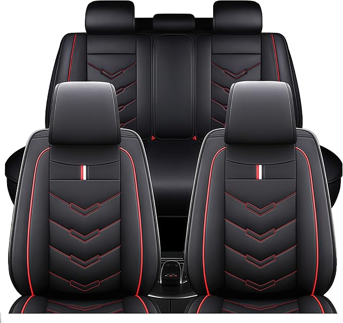 Leather Car Seat Covers Fit for LR LR4 2009-2016, 5 Seater Waterproof and Wear-Resistant Seat Cover Interior Accessories(Full Set,Black&Red)