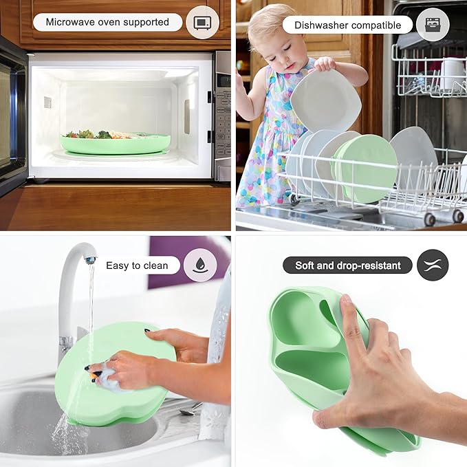 Li&Zhao Baby Bowls with Suction - Suction Plates for Toddlers Toddler Plate Baby Plate Divided Design Kids Plates Baby Suction Plate with Lids Microwave & Dishwasher