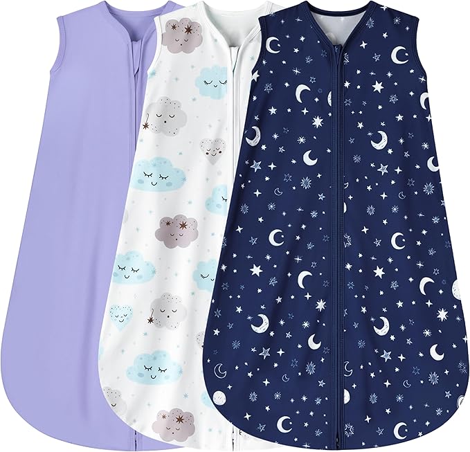 3 Pack Baby Sleep Sack 18-24 Months 100% Rayon Cotton Baby Sleeping Bag 2-Way Zipper Toddler Wearable Blankets Comfy Stretchy Lightweight TOG 0.3 （Purple&Clouds&Starry Sky）