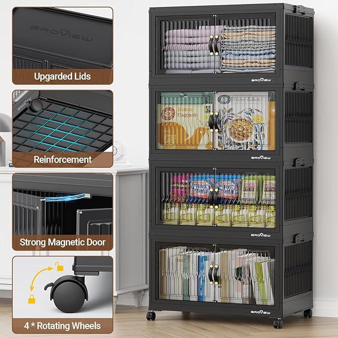 BROVIEW 300Qt Stackable Storage Bins with Lid, Extra Large Closet Organizer Collapsible Drawer Boxes with Wheels, Folding Plastic Cabinet Containers for Home Kitchen Room Organization, 3Pack Black