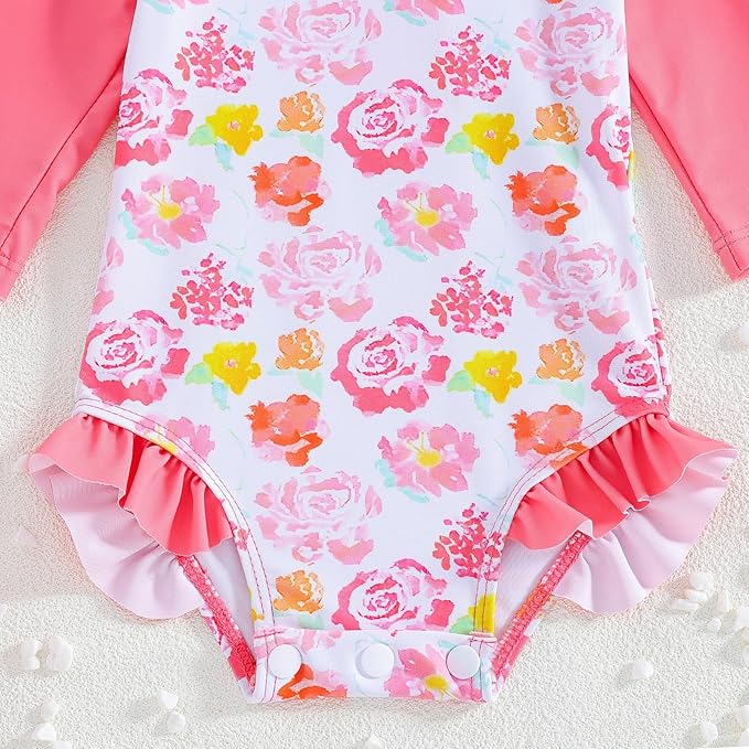 WOLBAY Baby Girl Swimsuit Long Sleeve One Piece Rash Guard with Sun Hat Zipper Bathing Suit Size 0-2T