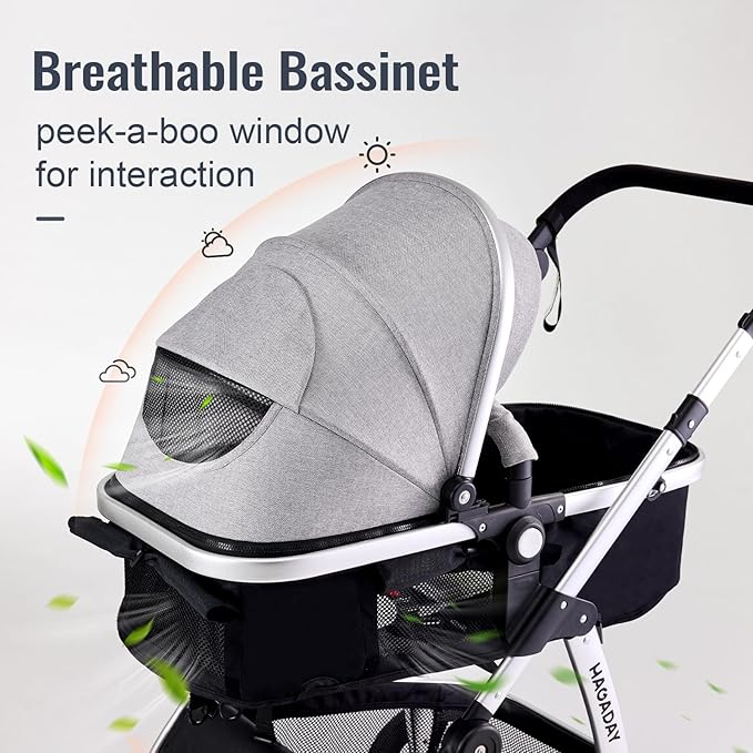 Baby Stroller, 2-in-1 Reversible Toddler Seat with Basket Mode, Foldable Infant Stroller with Canopy, One Button Brake, Adjustable Handle, Newborn Pushchair (Gray)