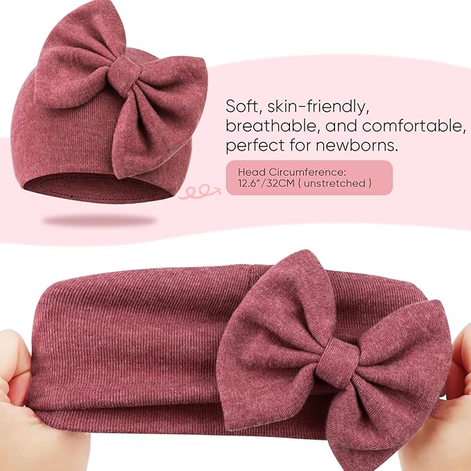 BQUBO Newborn Baby Girls Hats Mittens Set Hospital Hat Beanie Infant Bow Hats Baby Cotton Gloves for 0-6 Months