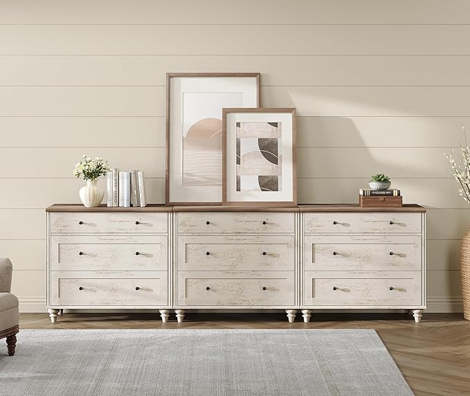WAMPAT Kids Dresser for Bedroom with 9 Drawers, Baby Dressers with Wide Chest of Drawers, Farmhouse Wooden Closet Storage Organizer, Large Wood Dressers for Living Room, Nursery, Hallway, Rustic White