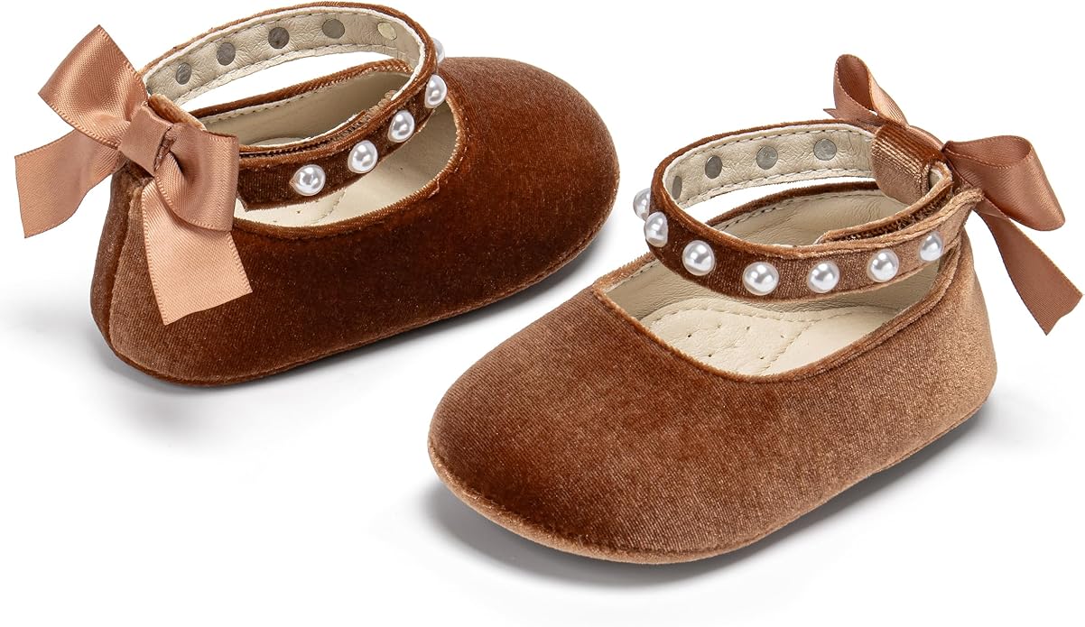 Baby Girls Mary Jane Flats - Infant Newborn Walking Shoes Soft Rubber Sole Princess Wedding