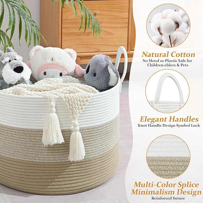 67L Storage Basket for Organizing, 20"×13" Large Laundry Baskets, Cotton Rope Woven Blanket Basket, Toy Storage for Kids, Collapsible Blankets Storage for Living Room, Nursery Room
