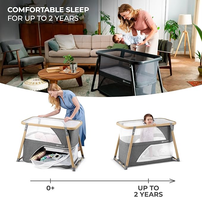 Kinderkraft Sofi Portable Travel Crib for Baby, Convertible Sleeping Cot 4 in 1 with Easy to Pack Playpen, Comfortable Bassinet Mattress and an Additional Cradle Function