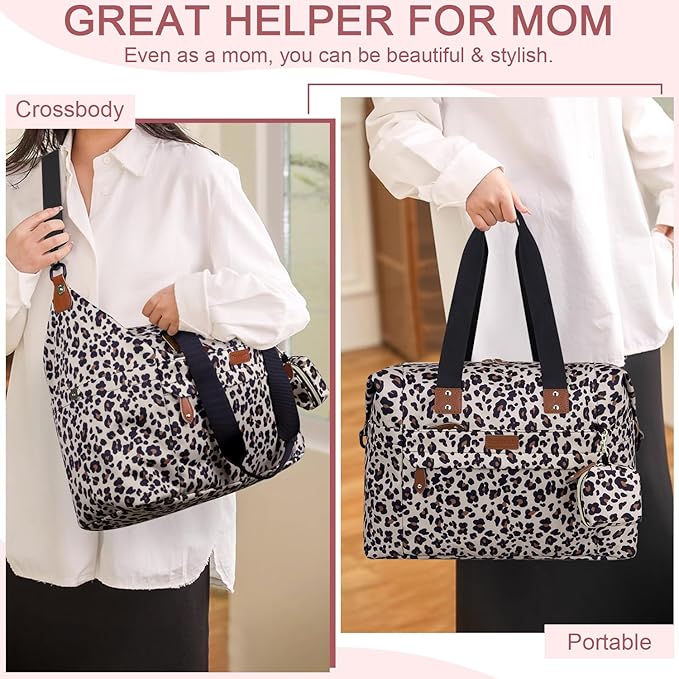 Pritent Diaper Bag Tote - Diaper Baby Bags with Pacifier Case, Shoulder Straps, Stroller Clips, Waterproof Large Mommy Maternity Travel Baby Bag for Mom and Dad, Leopard, Medium