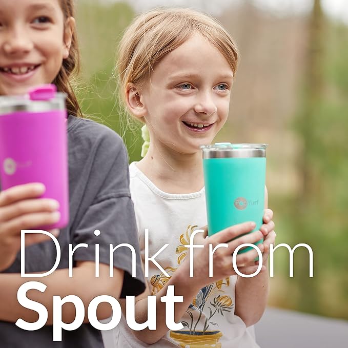 PopYum 13oz Insulated Stainless Steel Kids’ Cups with Lid and Straw, 2-Pack, Green, Pink, stackable, sippy, baby, child, toddler, tumbler, double wall, vacuum, leak proof
