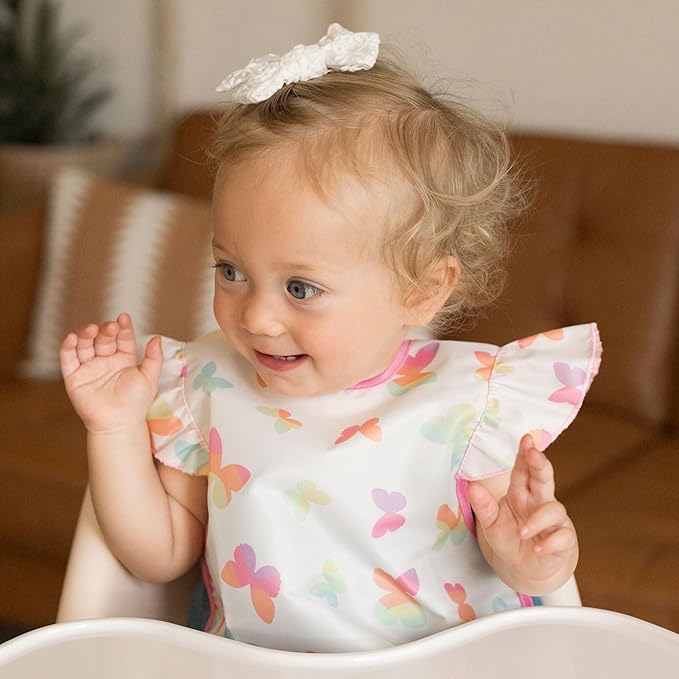 Tiny Twinkle Short Sleeve Apron Baby & Toddler Bib for Girls – Waterproof, Mess-Proof Bibs for Eating & Feeding, Machine Washable,Perfect Holiday Gift (Butterflies, 6–24M)