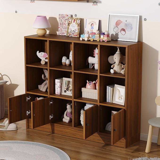 Brown Bookshelf, Wood Bookcase with 3 Tier Shelves, 12 Cube Storage Organizer with Doors for Bedroom, Living Room, 47.8" W x 39.1" H