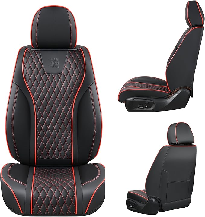 Doogo Front Car Seat Covers, Seat Covers 2 Piece, Automotive Seat Covers, Universal Leather Seat Cushions, Black Driver Seat Protectors for Most Cars Trucks SUV (Black&Red Line,Front Pair)