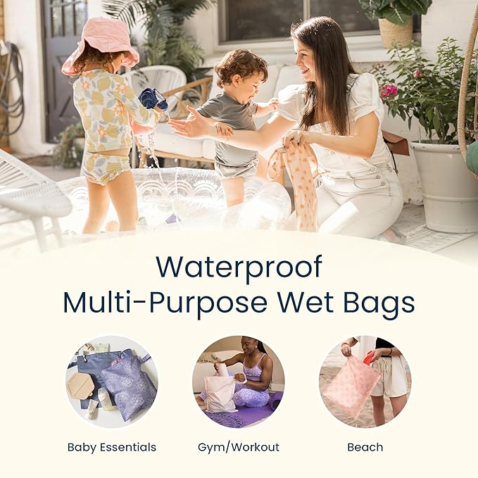 Tiny Twinkle Wet Dry Bag – 2 Pack Reusable Waterproof & Mess Proof Wet Bags for Swimsuits & Travel, Baby Towels & Beach Essentials,a Diaper Bag Must-Have (Lotus)