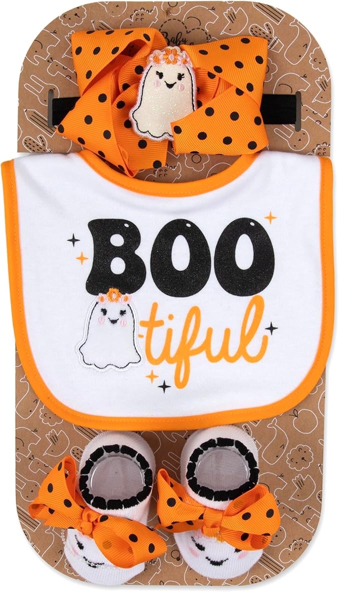 Baby Bib, Booties & Headwear Gift Set – 3 Piece Outfit for Boys & Girls – Halloween, Fall, Thanksgiving, Football & Christmas