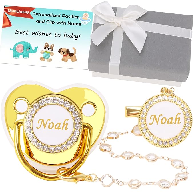 Personalized Pacifier with Name, Custom Pacifier Clip Set with Gift Box, Glitter Crystal Luxurious Bling Soother Dummy Ideal Gift for Baby Boys Girls Birthday Newborn Photography(Gold)