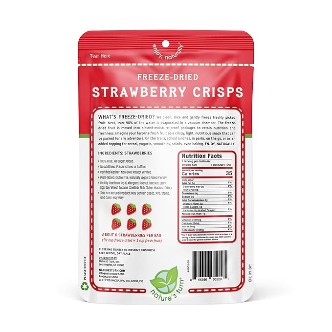 Nature’s Turn Freeze-Dried Strawberry Crisps – Healthy, Gluten-Free, Crispy & Delicious, Plant-Based Snack, Ideal for Cereal, Smoothies, School Lunches, & On-the-Go, Bags of 24 (0.35 oz Each)