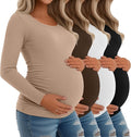 Riyiper 4 Pack Women's Maternity Shirts, Long Sleeve Cotton Ribbed Pregnancy Tee Top Crewneck Side Ruched Casual Mama Clothes