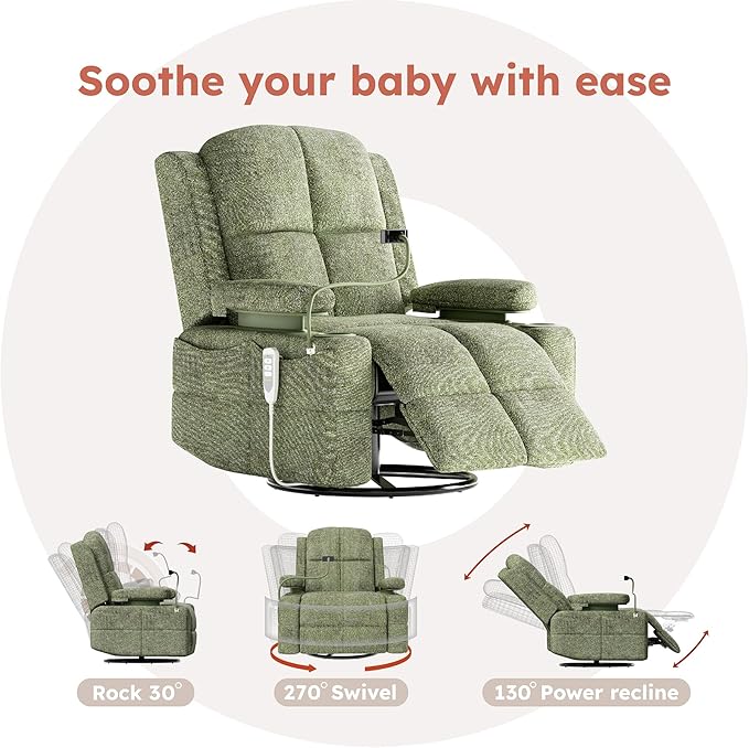 MAMAZING Oversized Rocking Chair Nursery with Adjustable Armrests, Electric Glider Recliner Nursing Chair for Breastfeeding, Power Swivel Recliner Chairs, Oeko-TEX & FSC Certified (Moss Green, Fabric)