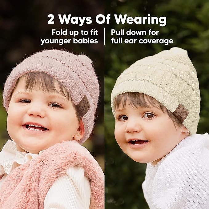 3-Pack Baby Beanies for Boys, Girls - Stretchy Knit Baby Hats, Cute Newborn & Toddler Winter Hat, Soft & Warm Infant Beanie 6-36 Months (Pale, M)