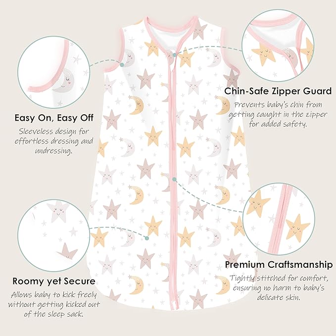 Cute Castle Baby Sleep Sack 12-18 Months - Lightweight 100% Cotton 2-Way Zipper TOG 0.5 Infant Wearable Blanket, Newborn Essentials Toddler Sleep Clothes, 3 Pack(Pink, Moon, Stars)