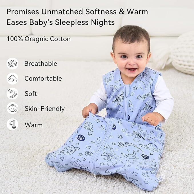 Baby Sleep Sack 6-12 Months 1.0 Tog Baby Wearable Blanket 100% Cotton Sleeping Sack with 2-Way Zipper for Infant Newborn Blue& Green space