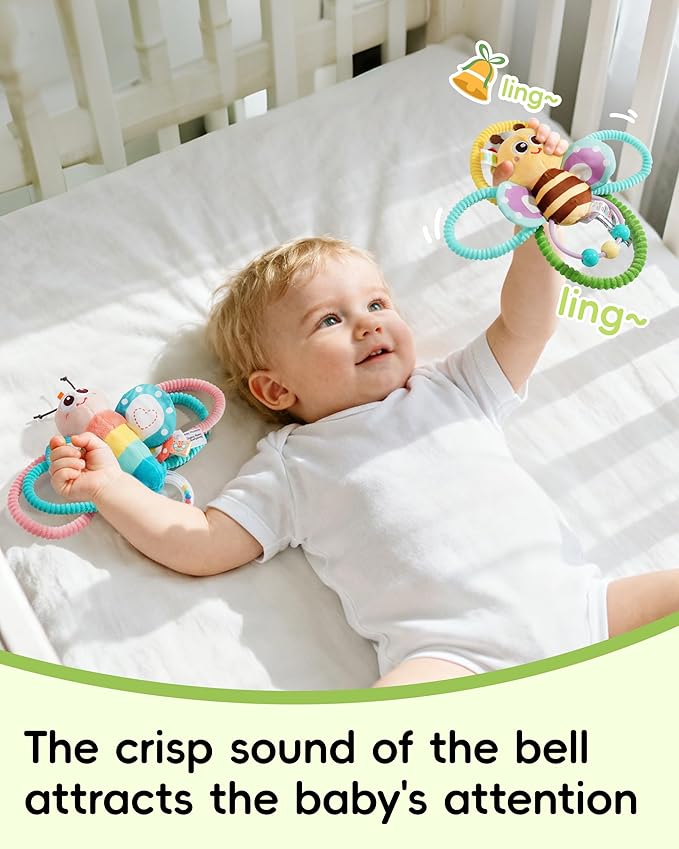 Jollybaby Soft Baby Rattles & Plush Rings Toy for Newborn 0-3-6-12 Months, Sensory Developmental Hand Teether Toys for Infant 0-2-4-7-8-9 Months, Baby Shower & Birthday Gifts - Butterfly