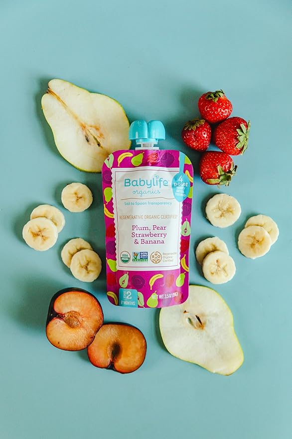 Babylife Organics Stage 2 - Plum, Pear, Strawberry & Banana, 3.5 Ounce Pouch (6 Pack) - Heavy Metal Safe, Organic Baby Food