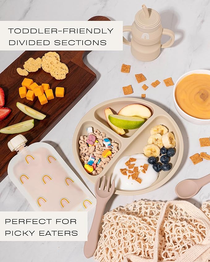 Hippypotamus Toddler Plates with Suction - 100% Food-Grade Silicone Baby Plates - Microwave & Dishwasher Safe - BPA Free - Set of 3 (Sage/Blush/Nude)