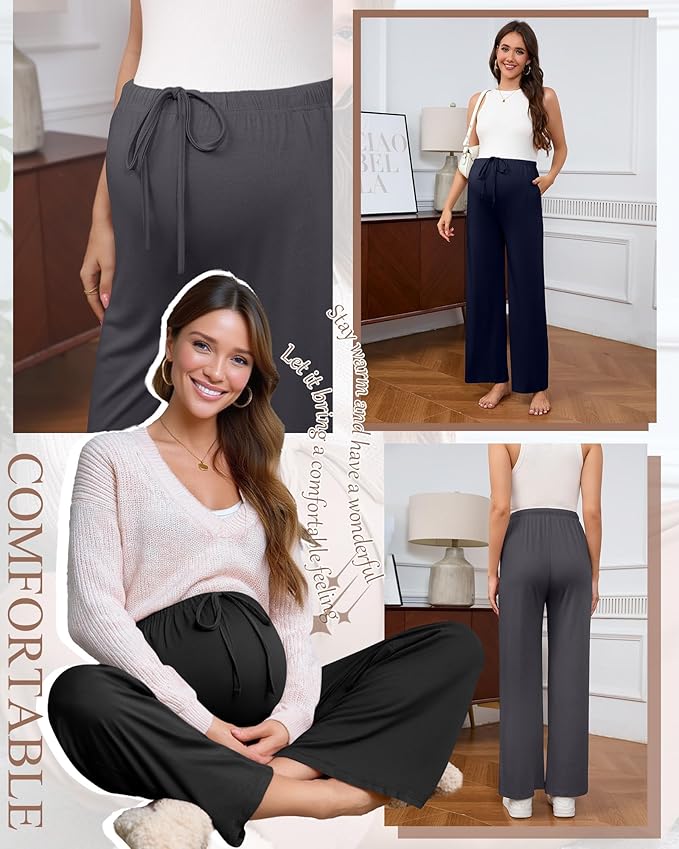 3 Pack Maternity Pants for Women Over The Belly Lounge Work Pregnancy Pants Drawing Wide Leg Trousers with Pockets