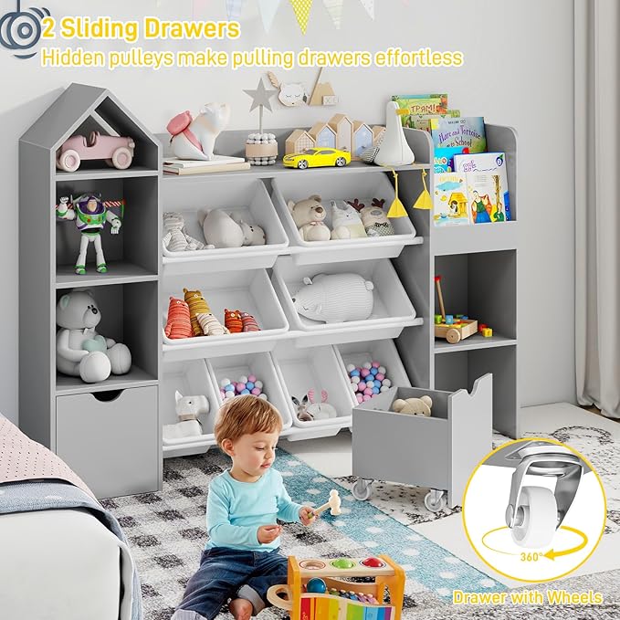Vabches Kids Toy Organizer with 8 Removable Toy Bins, 4-Tier Toy Storage Organizers W/4 Storage Cubbies, Bookshelf 2 Toy Storage Box on Wheels for Playroom, Kids Room, Nursery Room, Grey